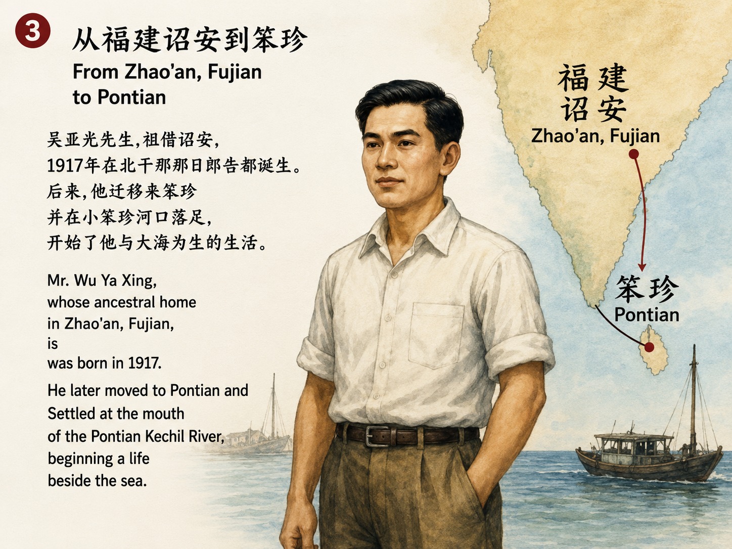 吴亚兴先生画像,与从福建诏安迁移到笨珍的路线地图