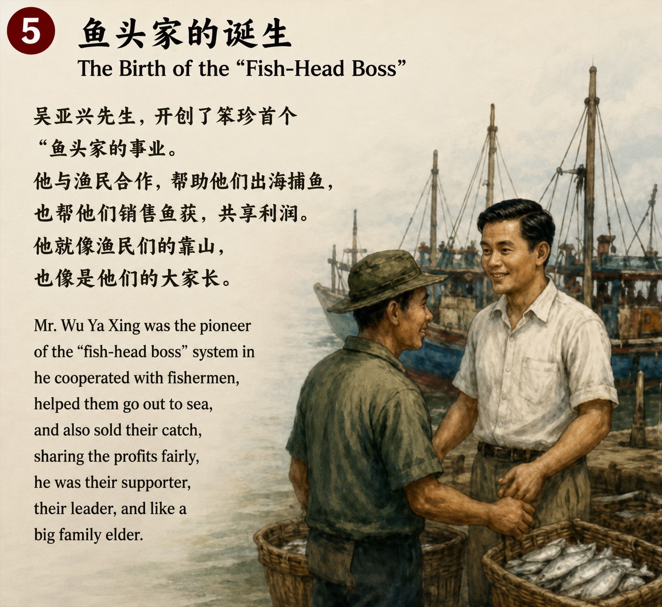 吴亚兴先生与渔民握手合作的插画