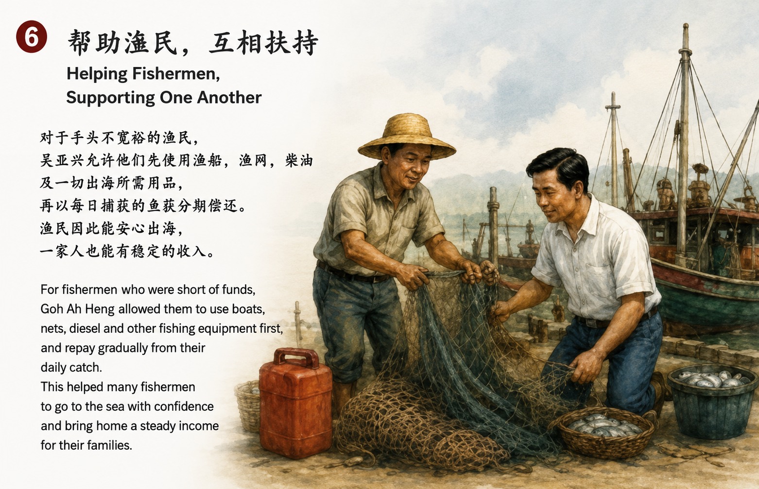 吴亚兴先生与渔民一起整理渔网的插画